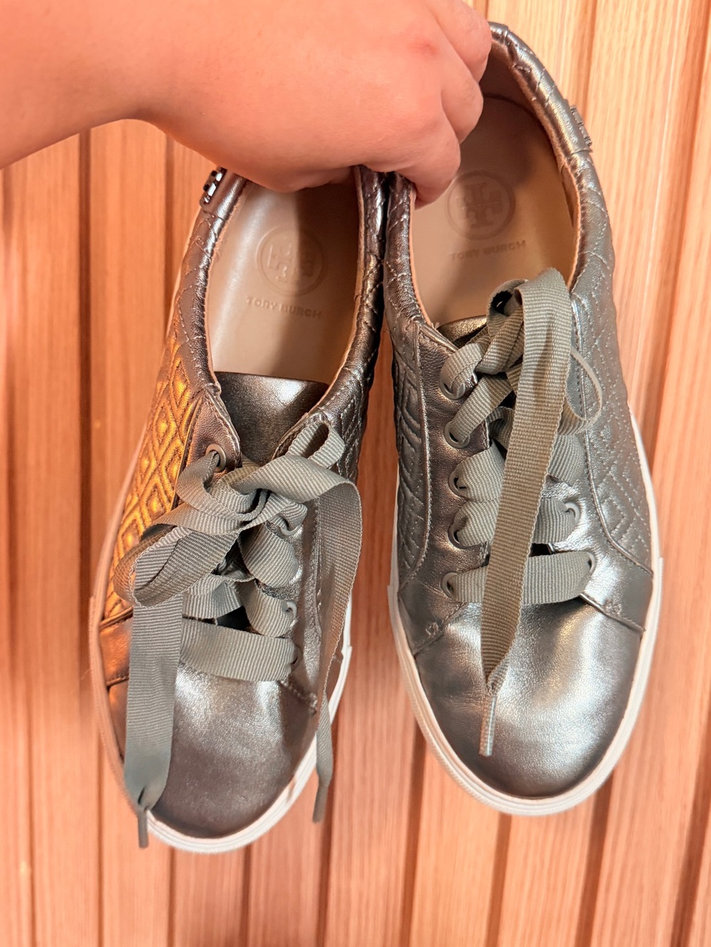 Tory Burch Metallic Silver Quilted Lace-Up Sneakers